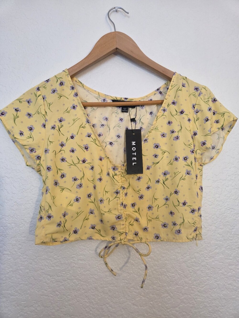 Motel Rocks Yellow Floral Tie-Front Crop Top with Purple Blossoms